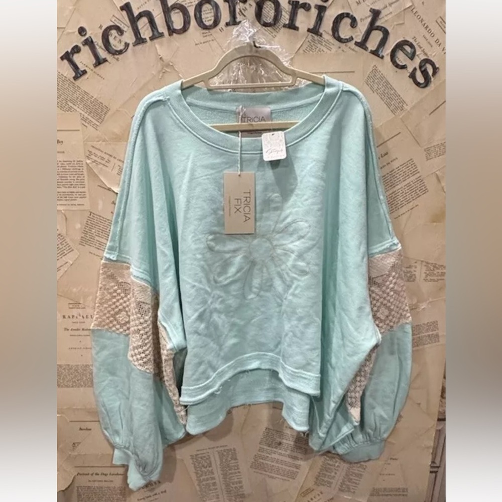 Free People Tricia Fix Chain Stitch Crew Sweatshirt Crochet Kelly Green Daisy - Picture 6 of 7